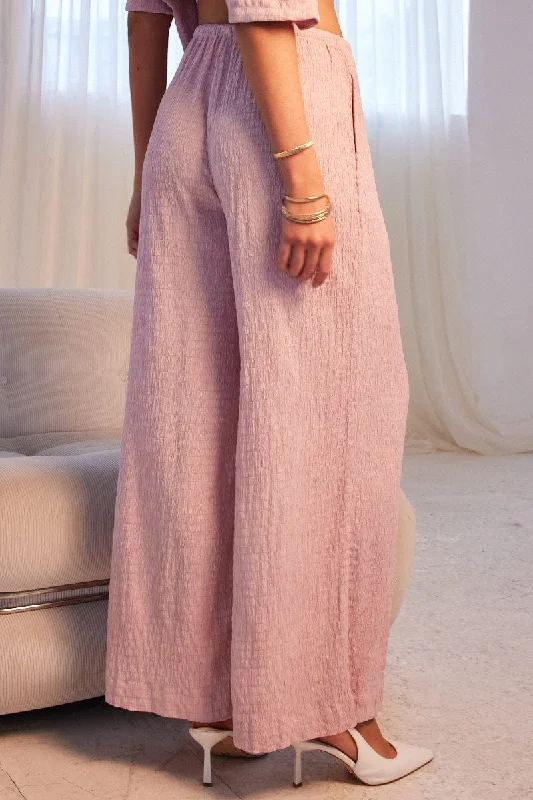 Pink Wide Leg Pants High Rise Textured Fabric