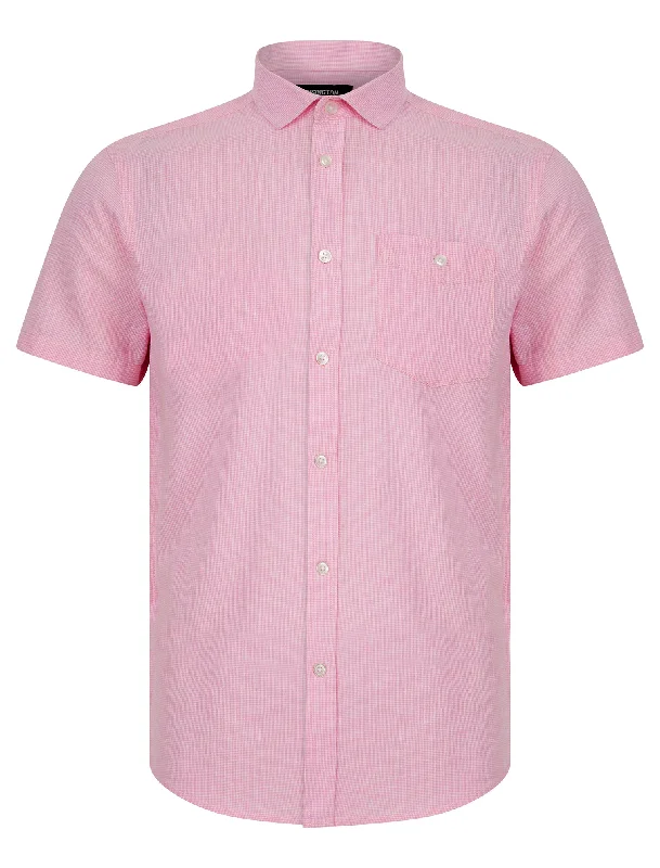 Portree Gingham Check Short Sleeve Cotton Linen Blend Shirt in Bonbon Pink - Kensington Eastside