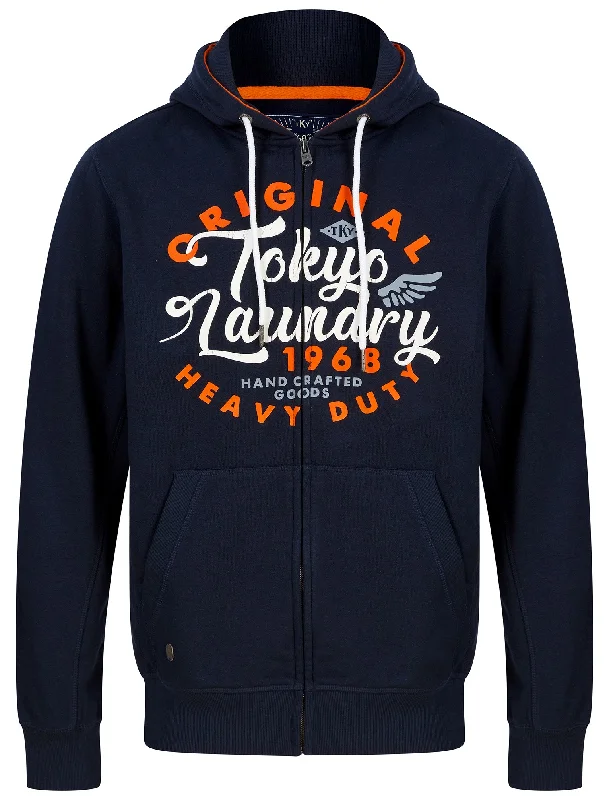 Prevail Motif Brushback Fleece Zip Through Hoodie in Sky Captain Navy - Tokyo Laundry