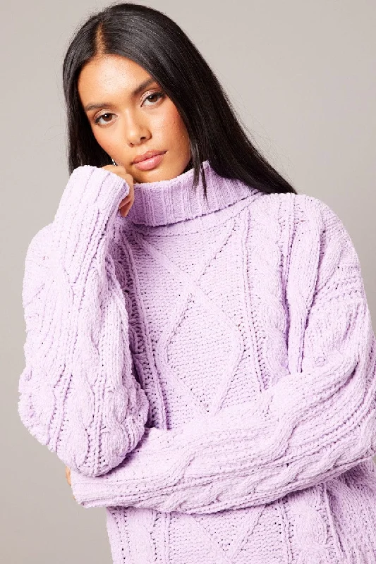 Purple Cable Knit Jumper High Neck