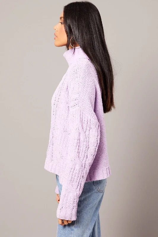 Purple Cable Knit Jumper High Neck