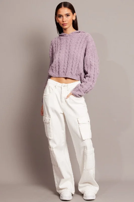 Purple Cable Knit Top Long Sleeve Hoodie