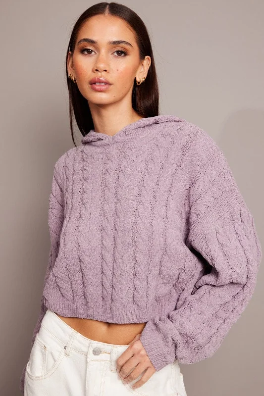 Purple Cable Knit Top Long Sleeve Hoodie