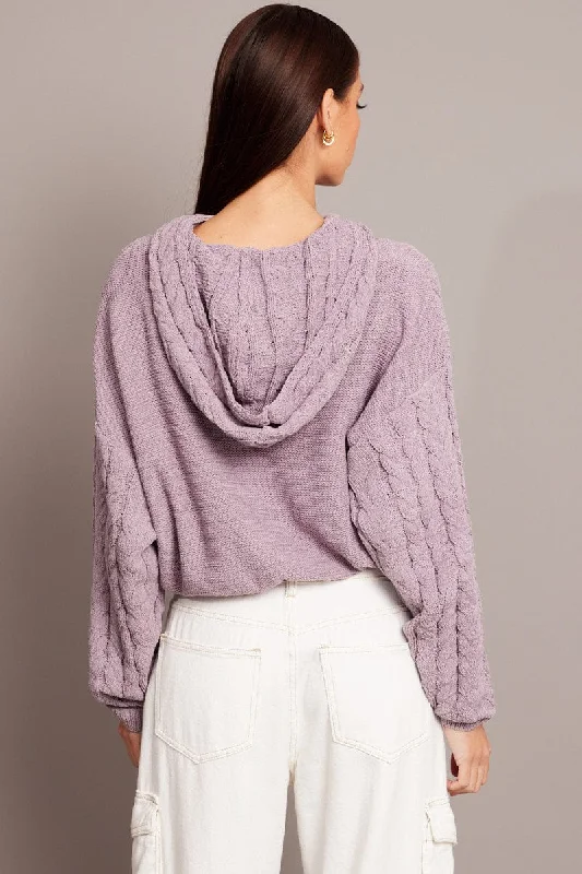 Purple Cable Knit Top Long Sleeve Hoodie