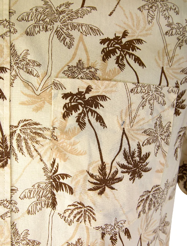 Quintana Palm Leaf Print Short Sleeve Cotton Poplin Hawaiian Shirt in White Onyx - Tokyo Laundry