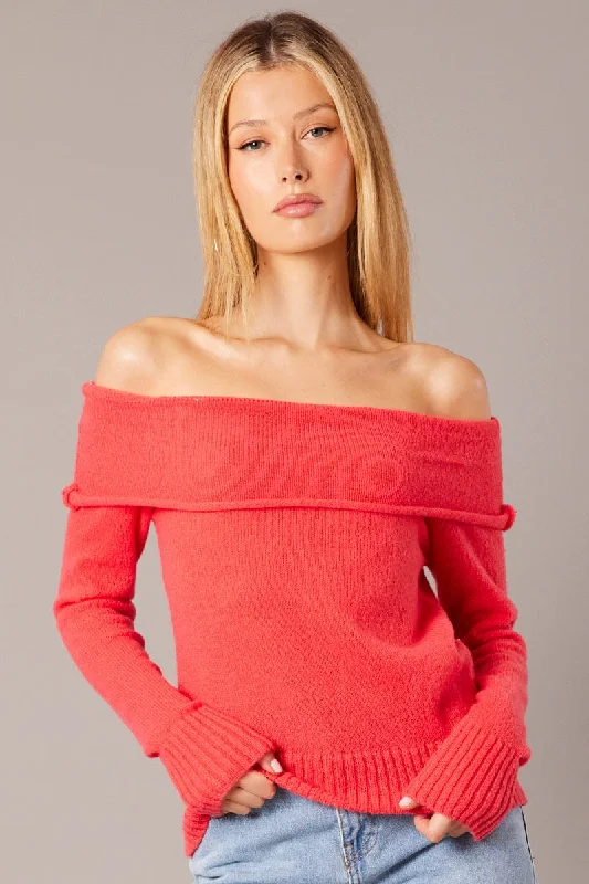 Red Knit Top Long Sleeve Off Shoulder