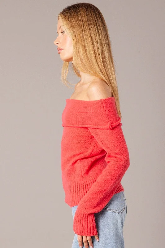 Red Knit Top Long Sleeve Off Shoulder