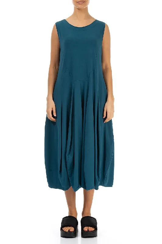 Sleeveless Flared Dark Teal Cotton Dress