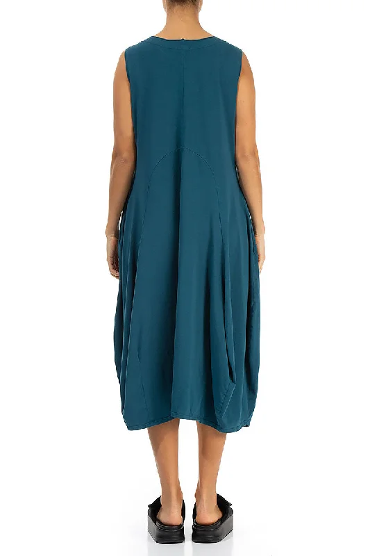 Sleeveless Flared Dark Teal Cotton Dress