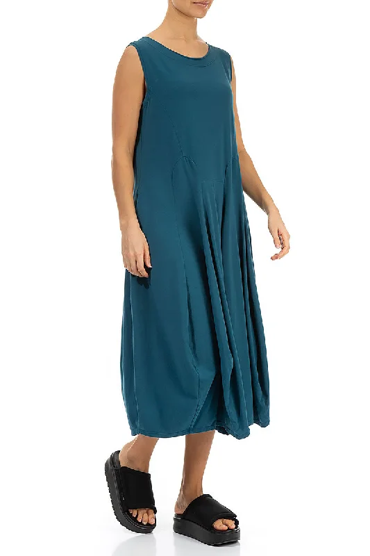 Sleeveless Flared Dark Teal Cotton Dress