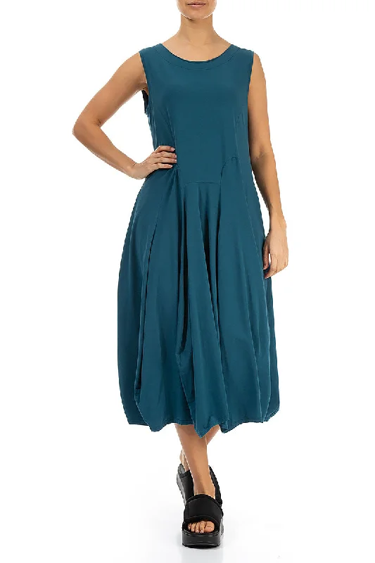 Sleeveless Flared Dark Teal Cotton Dress