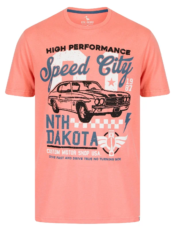 Speed City Motif Cotton Jersey T-Shirt in Peach Blossom - South Shore