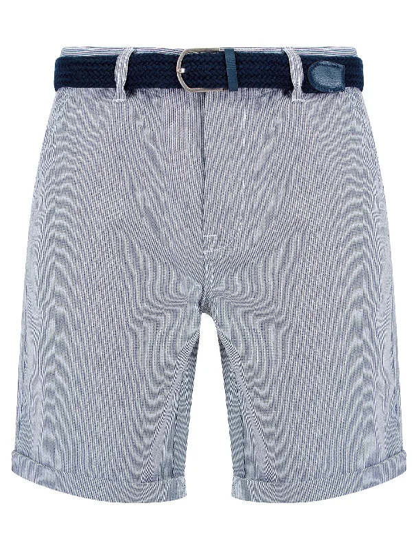 Taizi Fine Stripe Cord Chino Shorts with Woven Belt in Navy / White Stripe - Tokyo Laundry