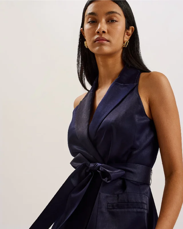 Teeru Satin Belted Longline Waistcoat Navy