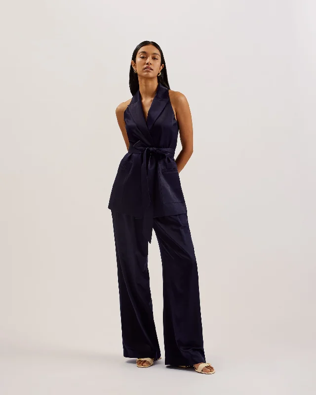 Teeru Satin Belted Longline Waistcoat Navy