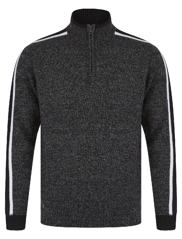 Tindle Quarter Zip Funnel Neck Knitted Jumper with Striped Sleeves in Jet Black / Mid Grey Marl Twist - Tokyo Laundry