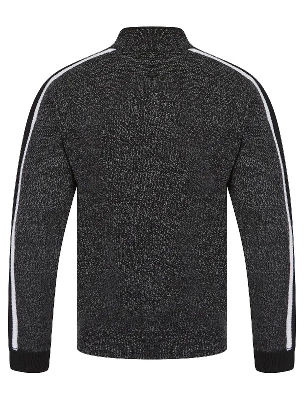 Tindle Quarter Zip Funnel Neck Knitted Jumper with Striped Sleeves in Jet Black / Mid Grey Marl Twist - Tokyo Laundry