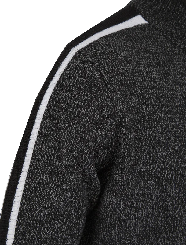 Tindle Quarter Zip Funnel Neck Knitted Jumper with Striped Sleeves in Jet Black / Mid Grey Marl Twist - Tokyo Laundry