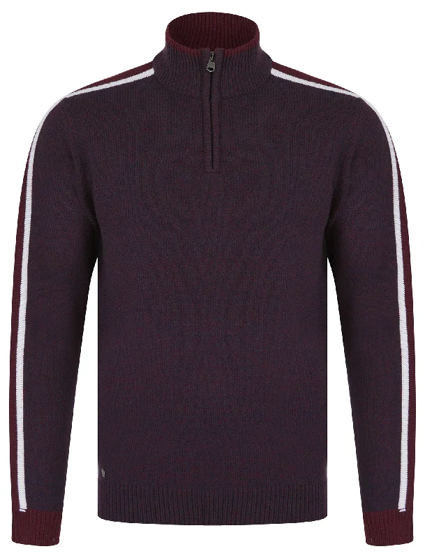 Tindle Quarter Zip Funnel Neck Knitted Jumper with Striped Sleeves in Sky Captain Navy / Port Royale Twist - Tokyo Laundry