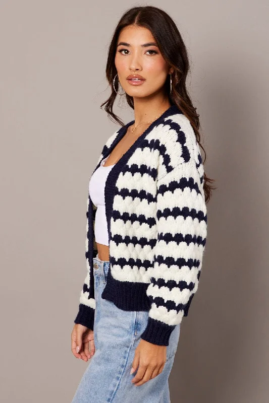 White Stripe Knit Cardigan Long Sleeve Textured