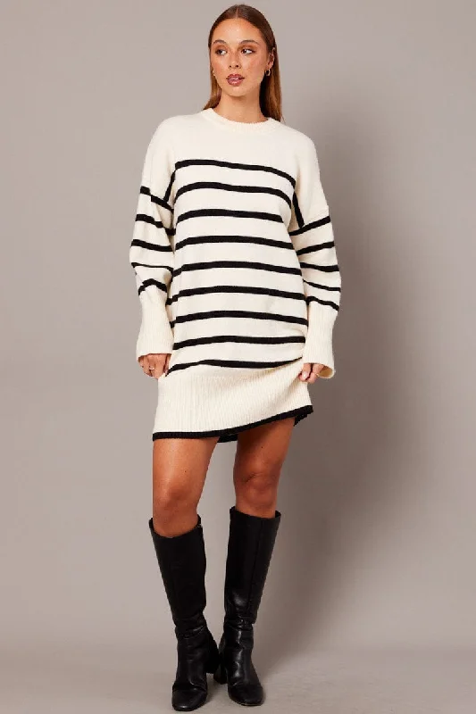 White Stripe Knit Dress Long Sleeve Crew Neck Oversized