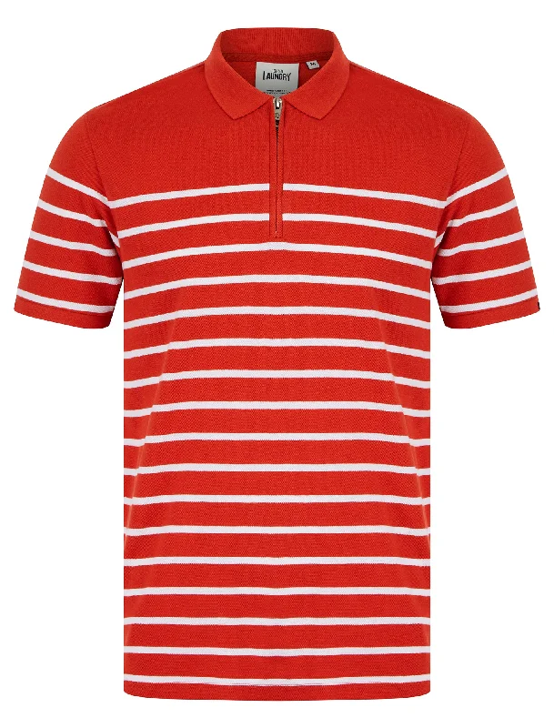 Wick Yarn Dyed Stripe Cotton Pique Zip Fasten Polo Shirt in Ketchup - Tokyo Laundry