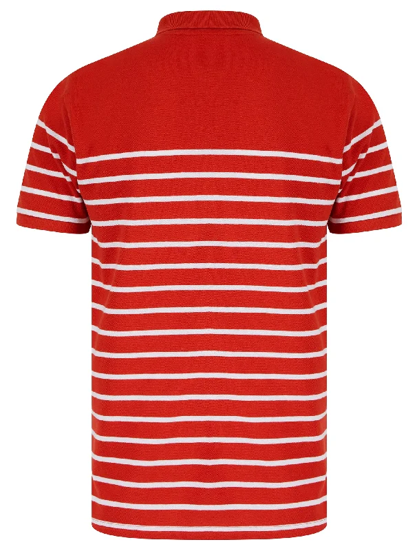 Wick Yarn Dyed Stripe Cotton Pique Zip Fasten Polo Shirt in Ketchup - Tokyo Laundry