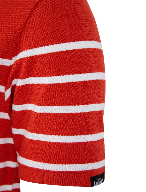 Wick Yarn Dyed Stripe Cotton Pique Zip Fasten Polo Shirt in Ketchup - Tokyo Laundry