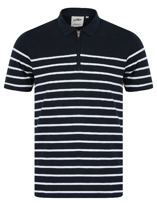 Wick Yarn Dyed Stripe Cotton Pique Zip Fasten Polo Shirt in Sky Captain Navy - Tokyo Laundry