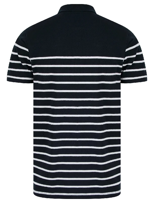 Wick Yarn Dyed Stripe Cotton Pique Zip Fasten Polo Shirt in Sky Captain Navy - Tokyo Laundry