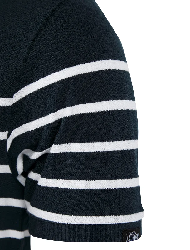 Wick Yarn Dyed Stripe Cotton Pique Zip Fasten Polo Shirt in Sky Captain Navy - Tokyo Laundry