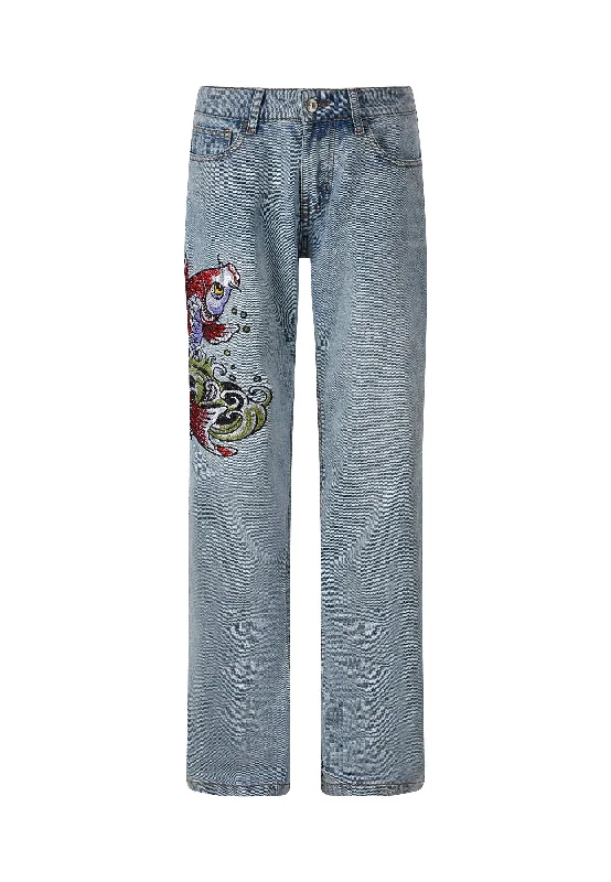 Womens Koi Wave Straight Leg Denim Trousers Jeans - Blue